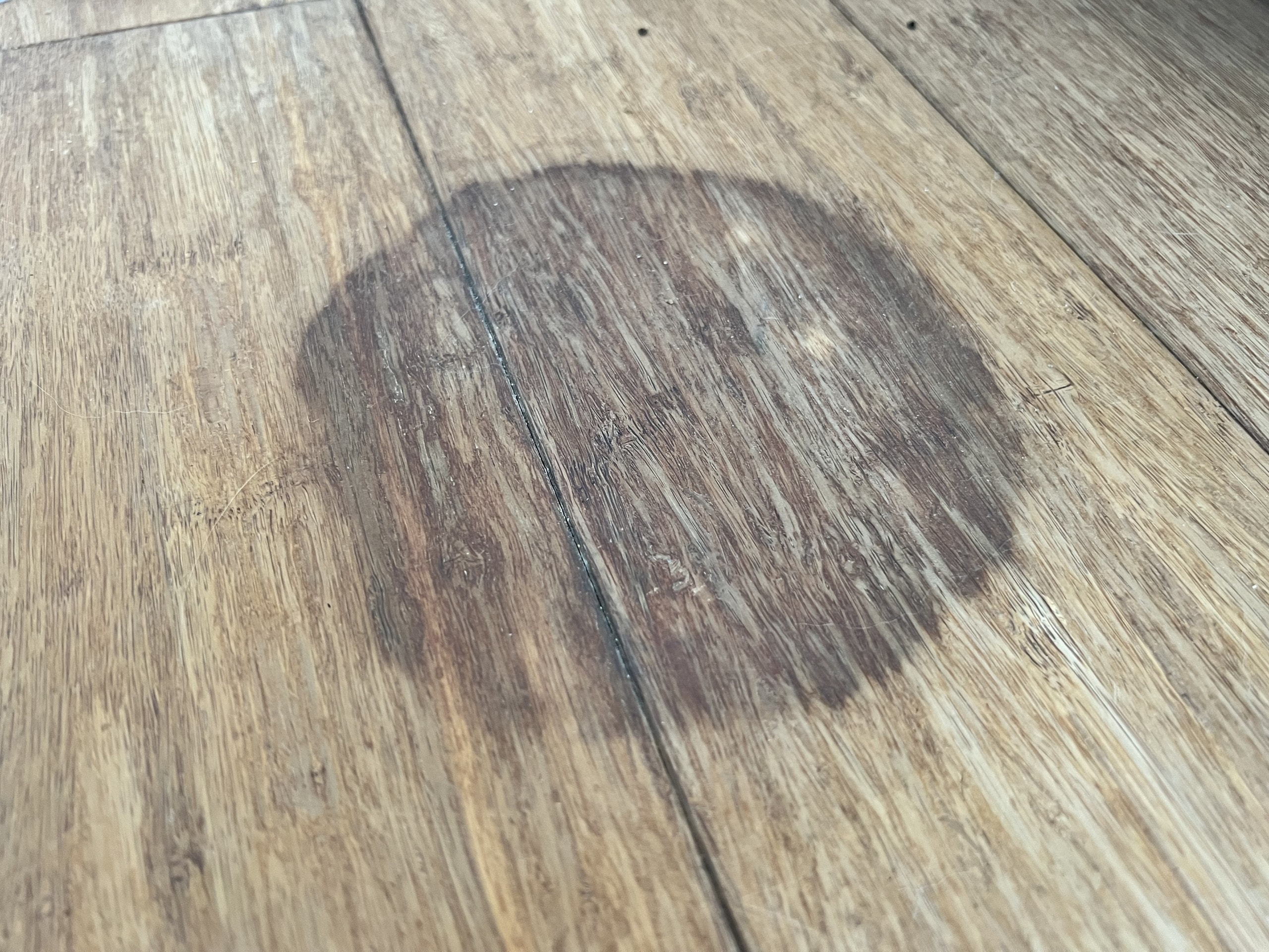 En rund, mörk fläck på ett träplank, troligtvis orsakad av ett fuktigt föremål eller en spilld vätska.